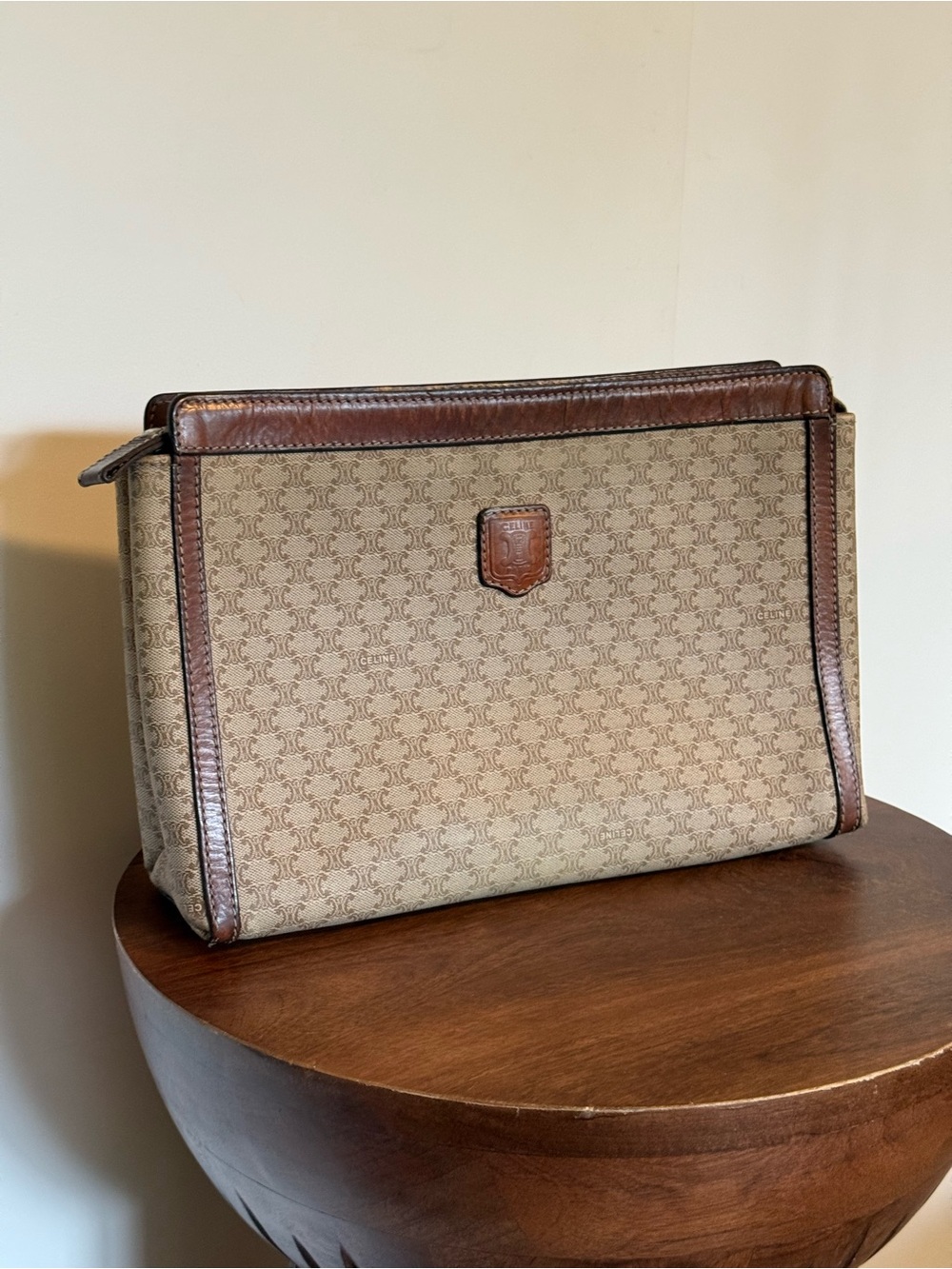 Celine Vintage Macadam Beige Canvas and Brown Leather Clutch